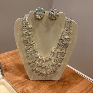 Vendome vintage triple strand crystal necklace & earrings with box